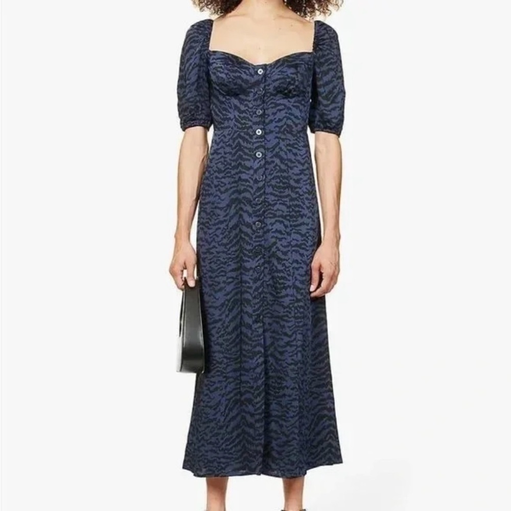 Good American corset style blue & black leopard print puff sleeve maxi dress 2